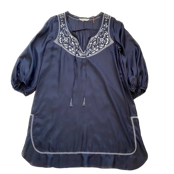 Rebecca Taylor Navy Silver Embroidered Silk Boho Mini Dress Size 4 - Picture 9 of 9